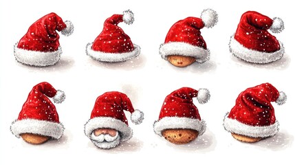 Nine Christmas hats with a potato-like shape underneath, covered in snow