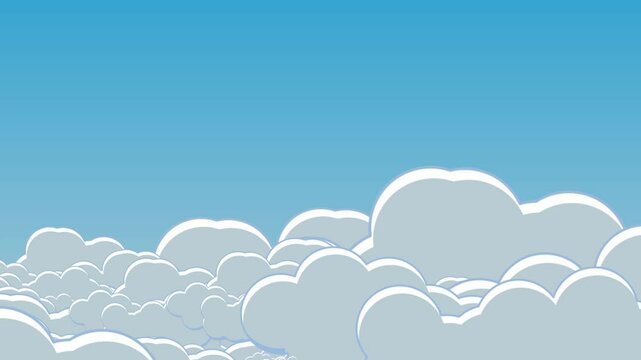 point of view scene of flying above or trough a scup of simple cartoon cartoony anime clouds