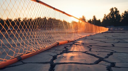 Construction Barrier Net Stretched Across an Unfinished Site at Sunset with Cracked Ground