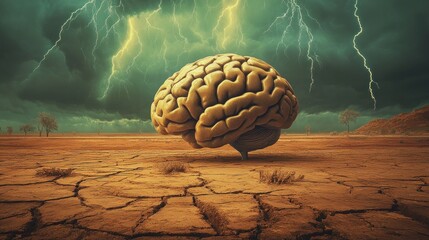 Brain amidst a storm-wracked, barren landscape
