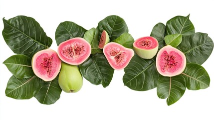 Pink guava slices arranged on green leaves