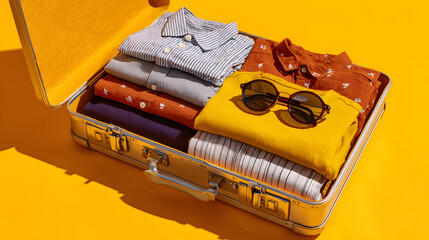 Flat lay of colorful packed summer suitcase with clothing and accessories