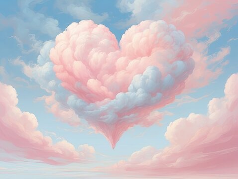 Heart-shaped cloud in a clear blue sky, panoramic view.