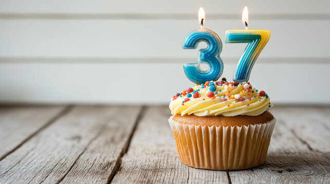 Cupcake to celebrate a 37th birthday or anniversary, with yellow frosting and blue candles