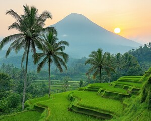 Lush green rice terraces meet a majestic volcano at sunrise in Bali, Indonesia