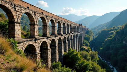 Fototapeta premium Ancient Roman aqueduct, weathered stone, historical structure, impressive arches spanning valley , engineering, design
