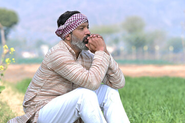 Indian sad and discouraged farmer man sitting in crop farmland and lost deeply his agriculture...