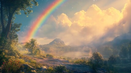 Vibrant rainbow arches across a misty landscape filled with golden sunlight and lush greenery