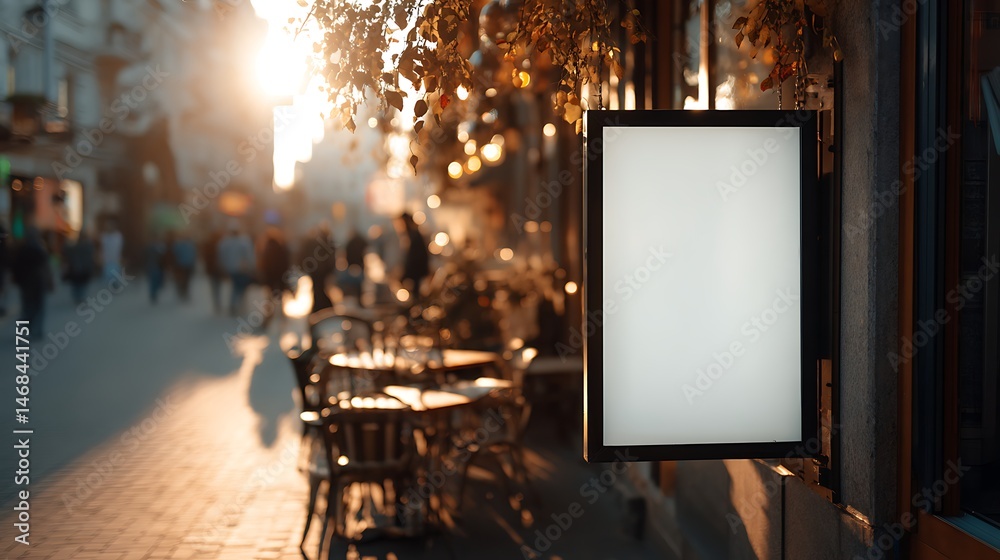 Poster blank poster frame outside a cafe on a bustling street in the late afternoon inviting passersby to s