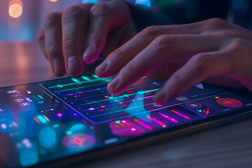 Fototapeta premium Person’s Hands Adjusting Colorful Music Controls on Tablet Surrounded by Soft Ambient Lighting