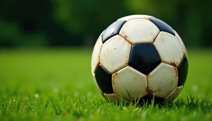 Fototapeta premium Close-up of a well-worn soccer ball, showing scuff marks and grass stains , soccer ball, panel