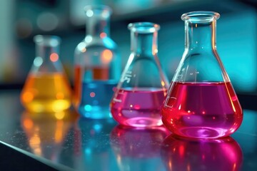 Close-up of colorful organic chemical compounds in a lab setting , flasks, flask