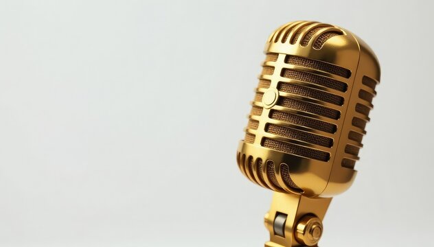 Close-up shot of a gold microphone isolated on white , sound, retro, instrument