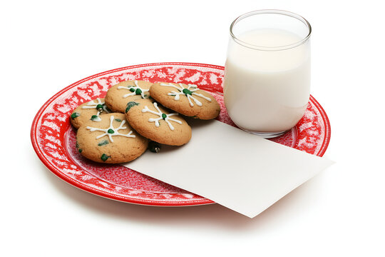 A plate of Christmas cookies with milk and a letter to Santa, isolated on a white background 