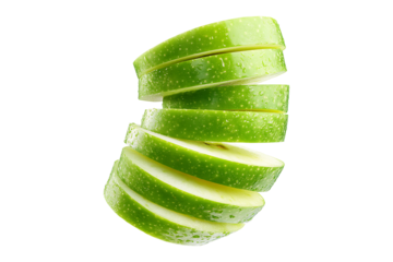 Floating thin slices of green apple isolated on transparent background
