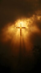 Naklejka premium Golden cross, sunlit clouds