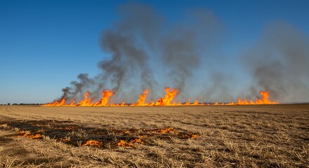 Field Fire with Smoke Under Clear Blue Sky