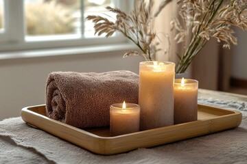 Close-up shot of towels and scented candles organized on a tray. Generative AI
