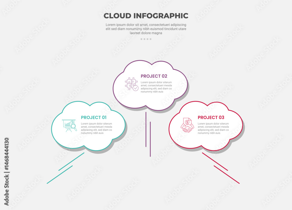 Aufkleber cloud base shape infographic outline style with 3 point template with clean shape with moving line s