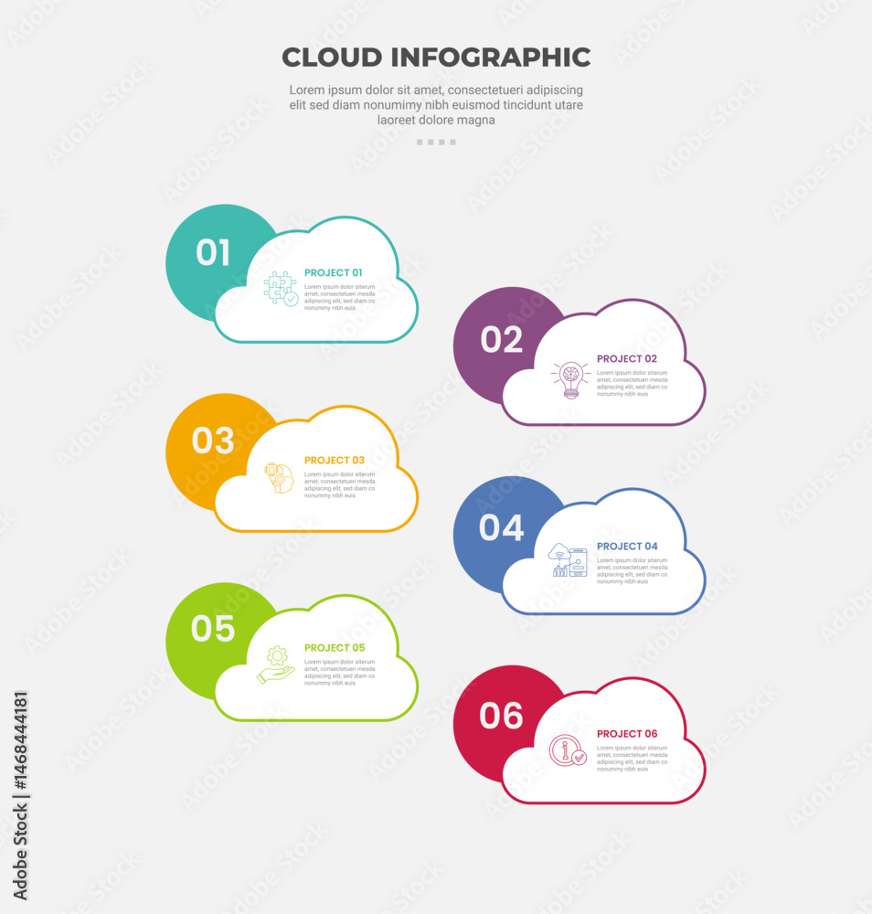 Poster cloud base shape infographic outline style with 6 point template with vertical stacked cloud with ci