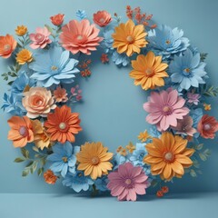 Vibrant paper flowers, light blue backdrop, central space, delightful, bright