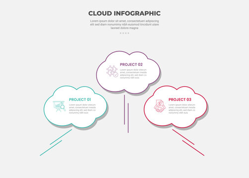 cloud base shape infographic outline style with 3 point template with clean shape with moving line symbol for slide presentation
