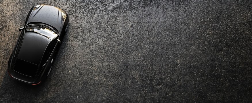 Black Luxury Car Parked on Asphalt Surface with Water Droplets and Soft Shadows in Modern Urban Setting