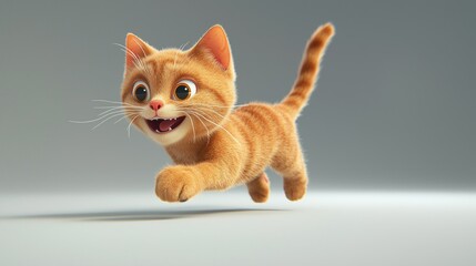 Playful cartoon ginger kitten in mid-air jump against a neutral background