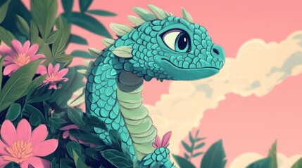 Teal dragon amidst floral jungle