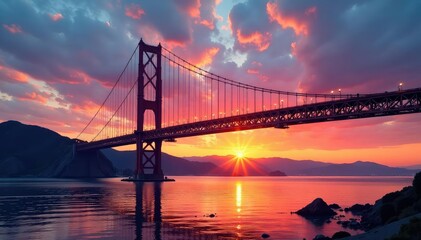 Fototapeta premium Majestic bridge tower against a vibrant sunset sky , city, concrete