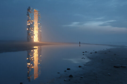 a tower of mirrors stacked on a dream beach