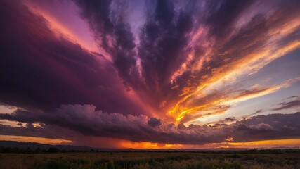 Naklejka premium Dramatic Sunset Sky with Dark Storm Clouds Over Grassland Landscape