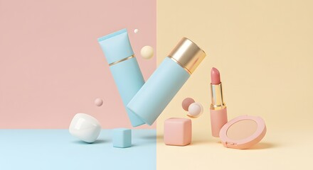 Floating Beauty Products With Elegant Packaging On Pastel Background In Modern Aesthetic Setup