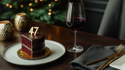 Elegant Red Velvet Cake and Glass of Red Grape Juice on Festive Table Setting for Special Occasion