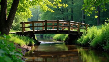 Fototapeta premium Rustic wooden creek bridge spanning a shallow stream Tranquil nature scene , nature, trees, sunlight