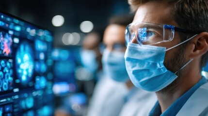 Scientists analyzing complex data on digital screens wearing protective masks and goggles in a modern