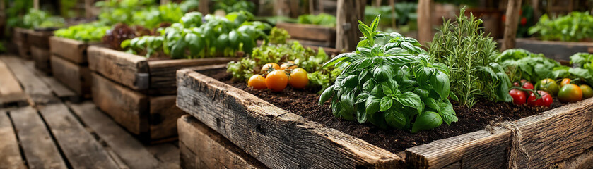 beautiful kitchen garden with various herbs and vegetables