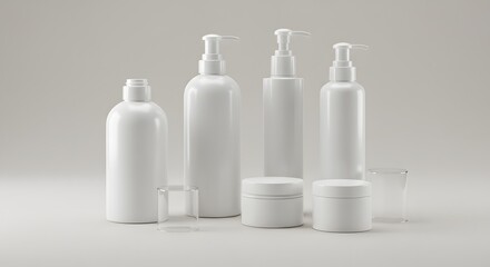 Collection of Minimalist White Skincare and Cosmetic Bottles and Containers on a Soft Background
