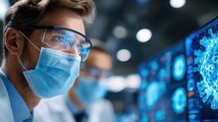 Focused scientists researching virus using advanced technology screens lab data blue mask work study