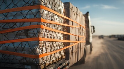 Securely Wrapped Cargo on Truck Driving Through Dusty Roadway with Beautiful Sky Background