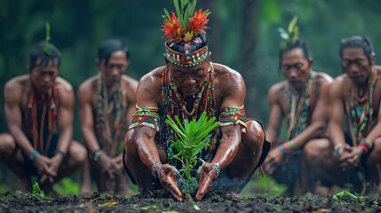 Tribal People Planting Seedling In Forest