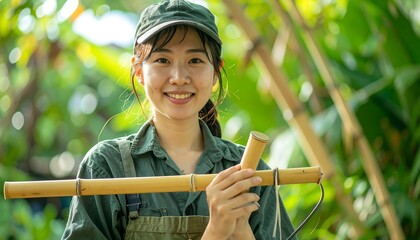 Bamboo bike builder showing hand-carved bamboo joint in vibrant green landscape