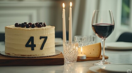 Elegant Dining Setup with 47th Birthday Cake, Wine, Cheese, Candlelight, and Birthday Celebration Atmosphere