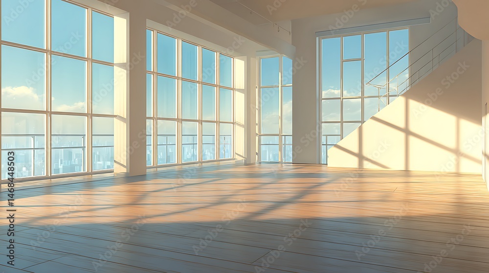Aufkleber bright, empty interior space with large windows and sunlight streaming in during the afternoon