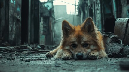 Abandoned dog in a ruined city