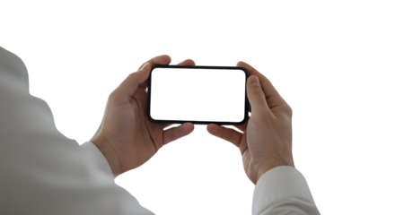Man Holding Smartphone with Blank Screen on Transparent Background