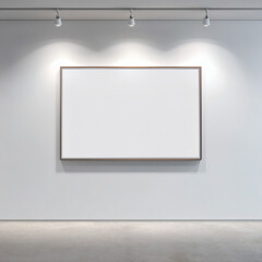 A blank canvas hangs on a white wall, lit by spotlights, ready for your artwork or image.
