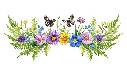 Floral watercolor artwork featuring colorful flowers and butterflies in nature's embrace