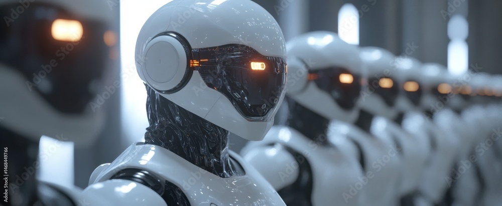 Poster a captivating image of futuristic robots showcasing advanced design and technology. the robots featu
