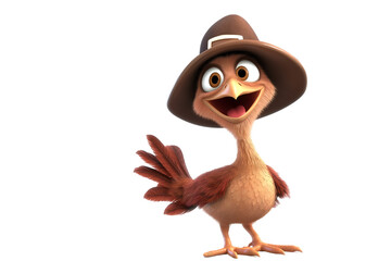 Fototapeta premium A cute cartoon turkey wearing a pilgrim hat and smiling, isolated on a white background 